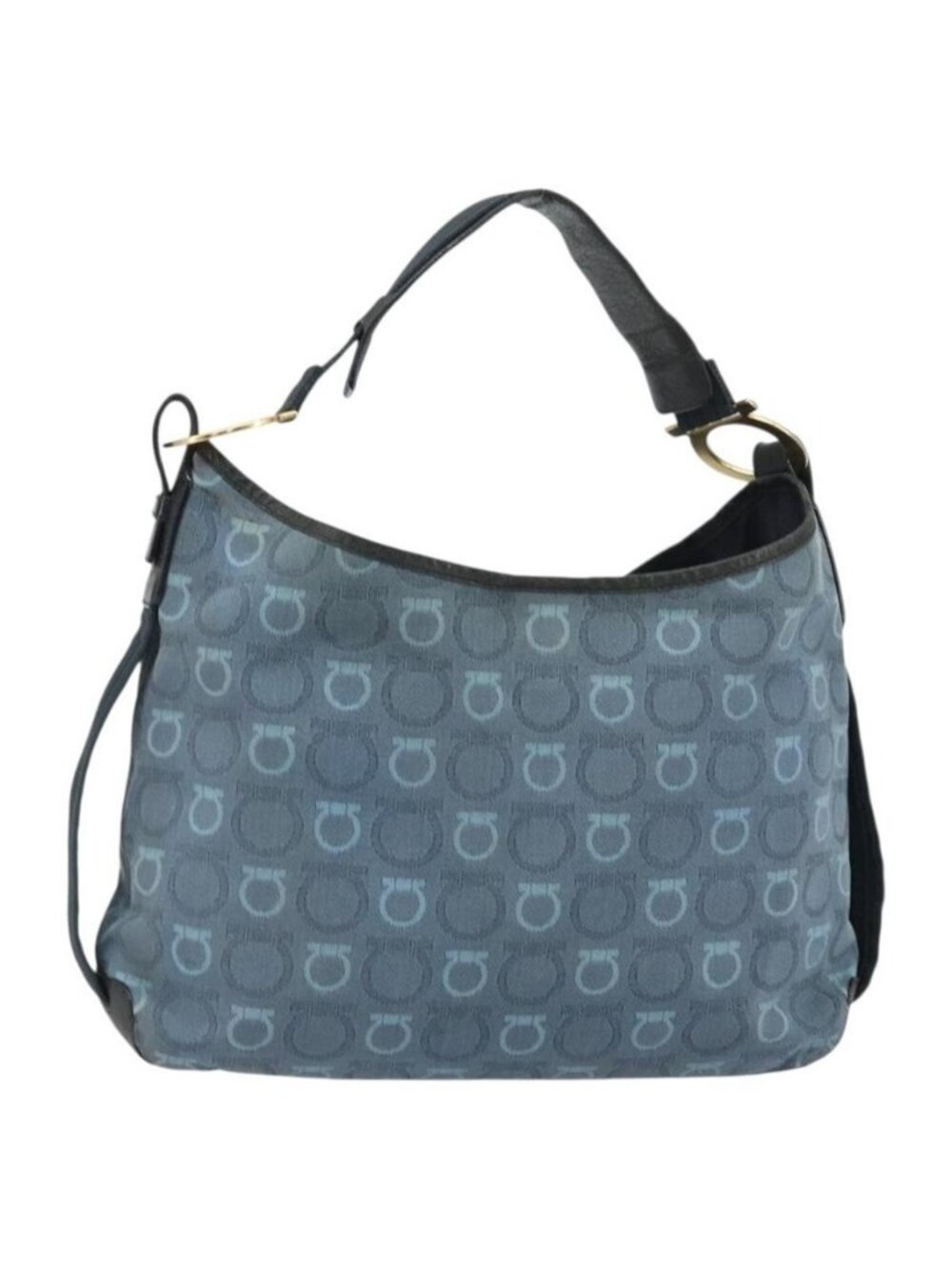 Authentic Salvatore Ferragamo Gancini Shoulder Bag Canvas Blue Gold